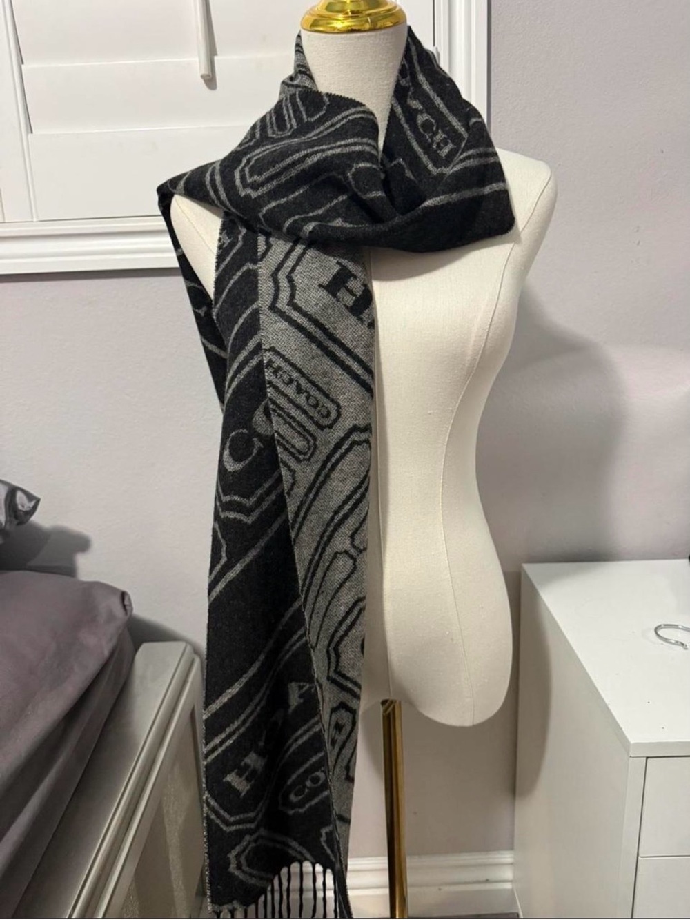 Coach Black and Gray Logo Jacquard Scarf